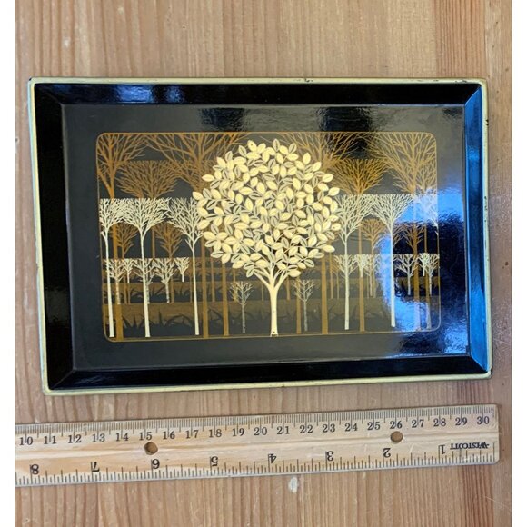 Vintage Otagiri Black Lacquer Golden Mist Hors d’oeuvres Trays Mid Century Moder - Picture 2 of 3